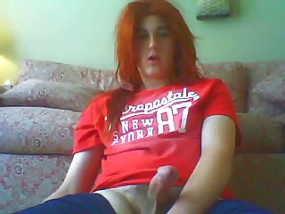 Horny redhead CD masturbates and eats own cum